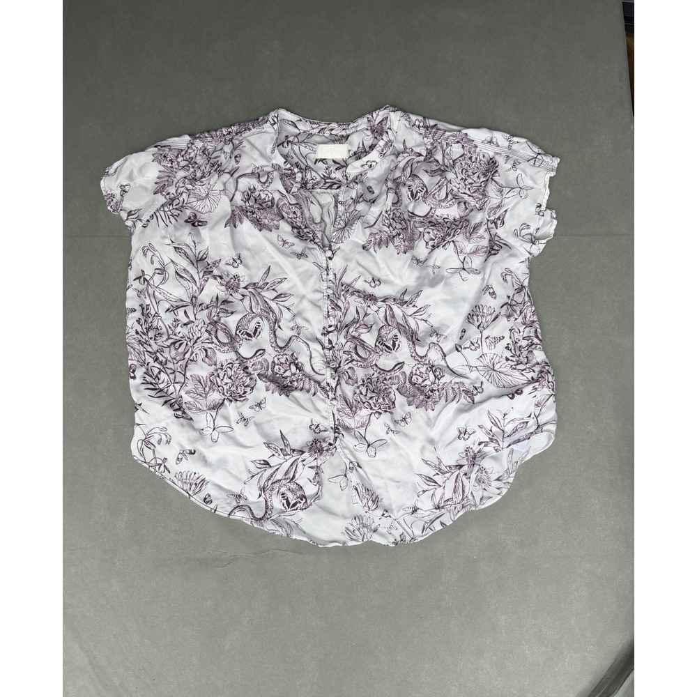 7 For All Mankind Floral Toile Butterfly Short Sleeve Button Down Shirt Purple